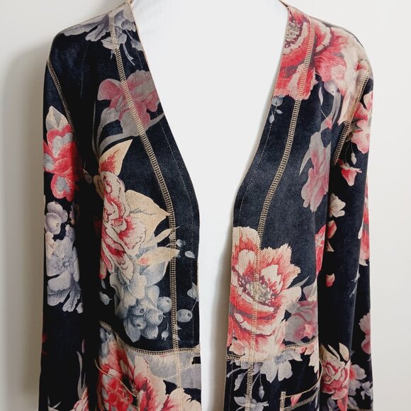 Solitaire, Anthropologie, Faux Suede Open Long Jacket, Gray/Brown w/ Floral, MED - Picture 8 of 16